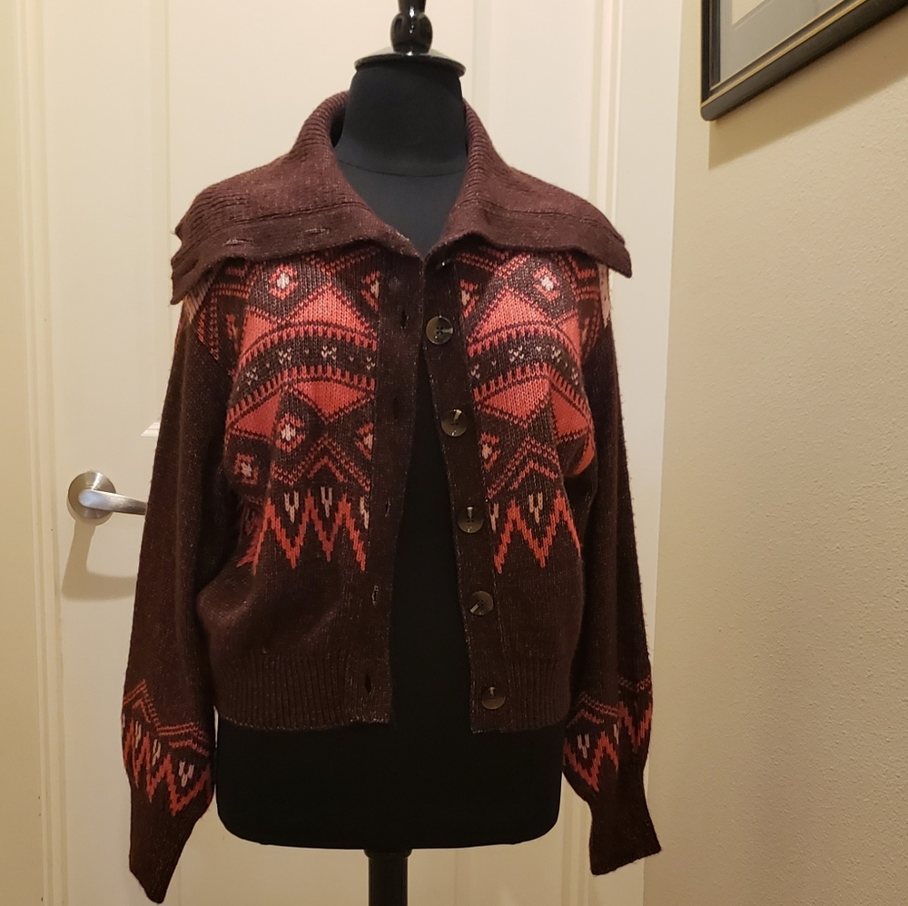Who What Wear Grandpa Chic Brown and Red Patterned Cardigan